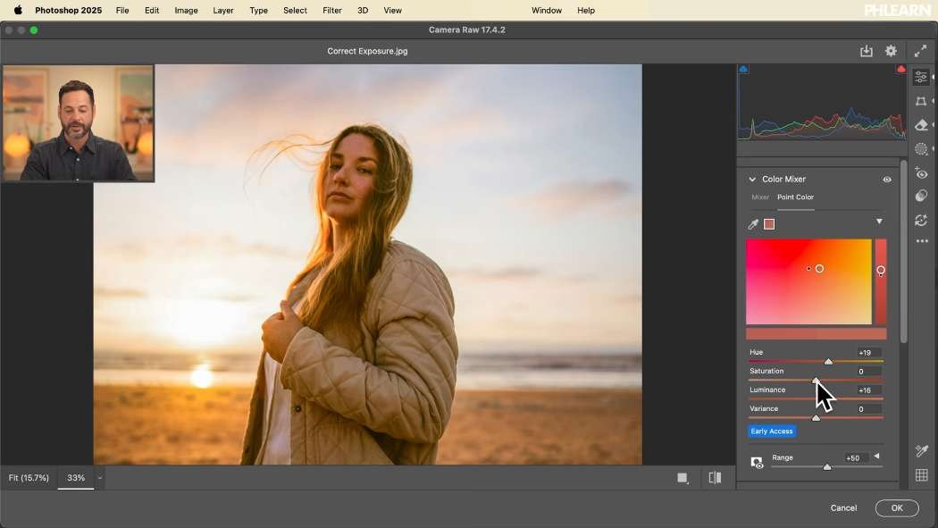 The Point Color panel targeting a single color in Adobe Camera Raw