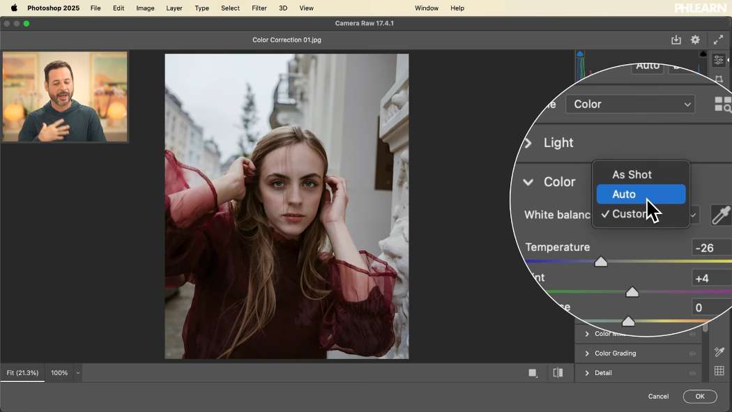 The Color panel and White Balance options in Adobe Camera Raw