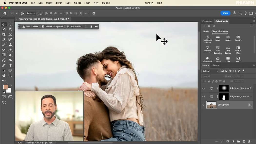 An adjustment layer and its Properties panel open in the Photoshop workspace
