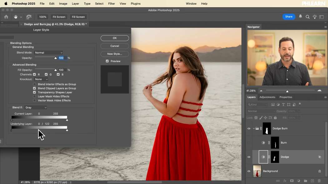 Blend If applied to a dodge and burn group in Photoshop