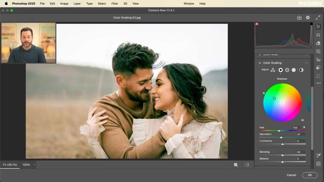 A colour grade applied to a wedding portrait in Camera Raw
