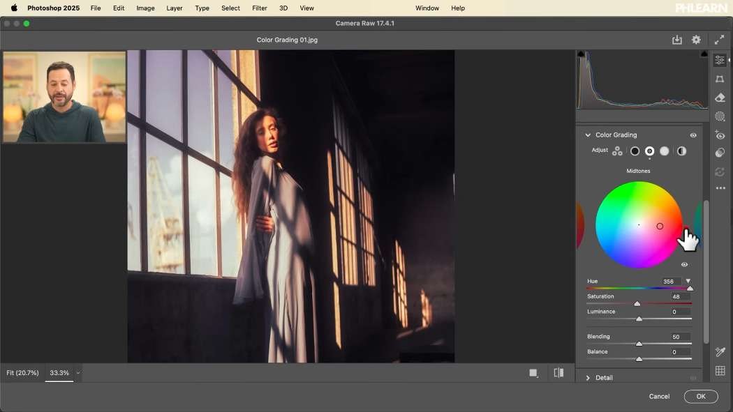 The Color Grading panel and its shadow, midtone and highlight wheels in Camera Raw
