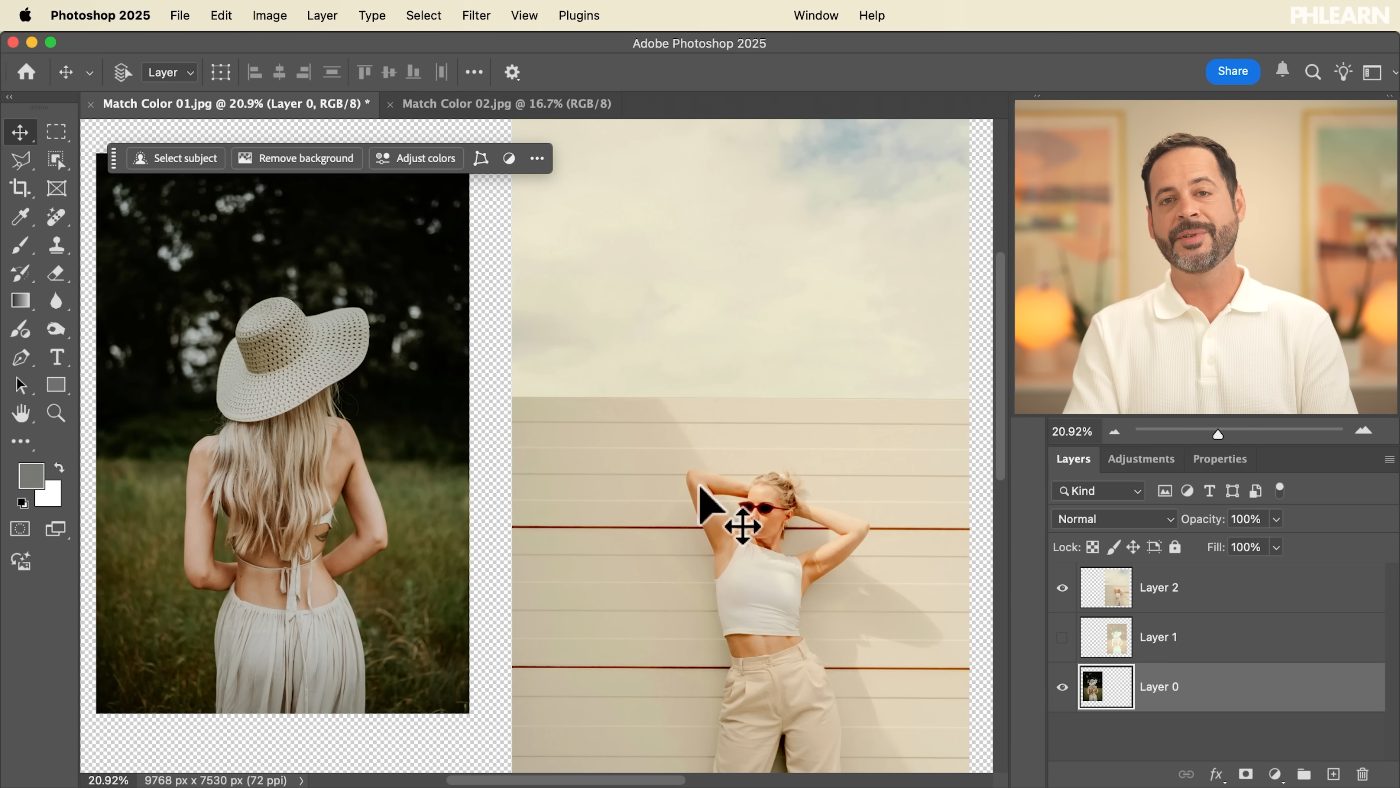 Two photographs side by side in a single Photoshop document ready for colour matching