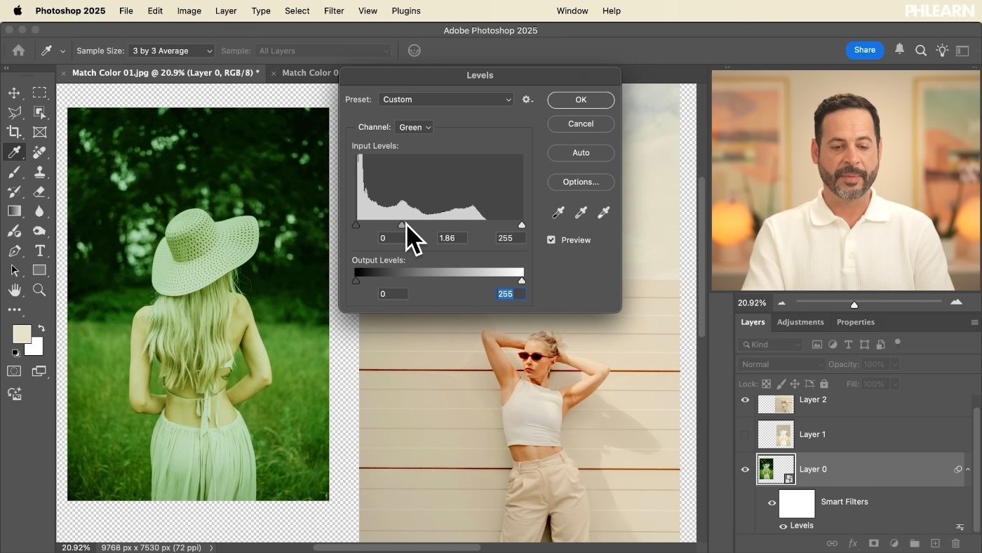 Adjusting the red, green and blue channels one at a time in Photoshop Levels