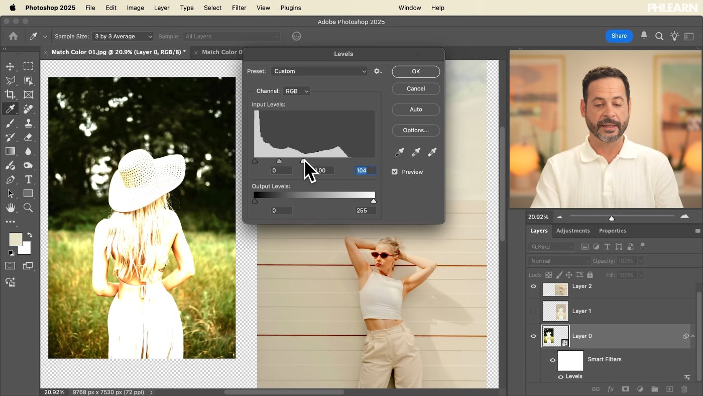 Opening a Levels adjustment on the composite RGB channel in Photoshop