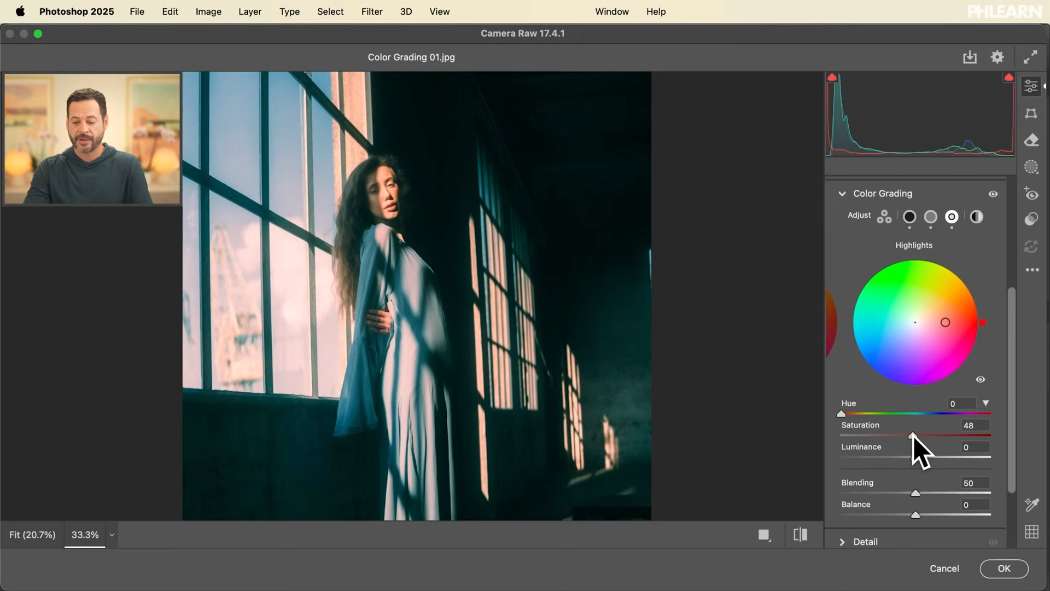 Cool shadows and warm highlights applied with the colour grading wheels