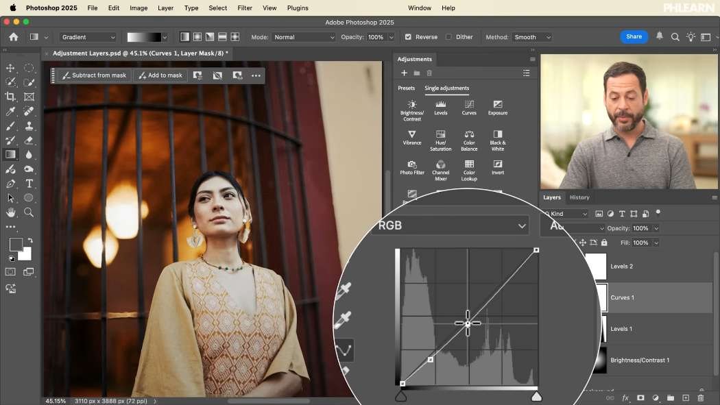 A Curves adjustment layer and its RGB graph open in Photoshop