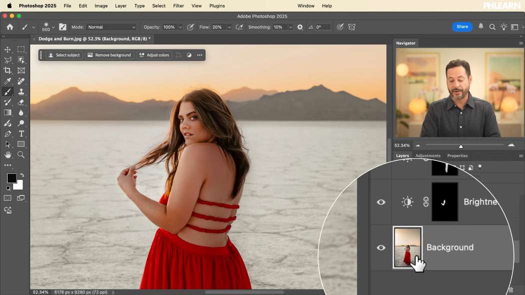 The dodge and burn layers stacked in the Photoshop Layers panel