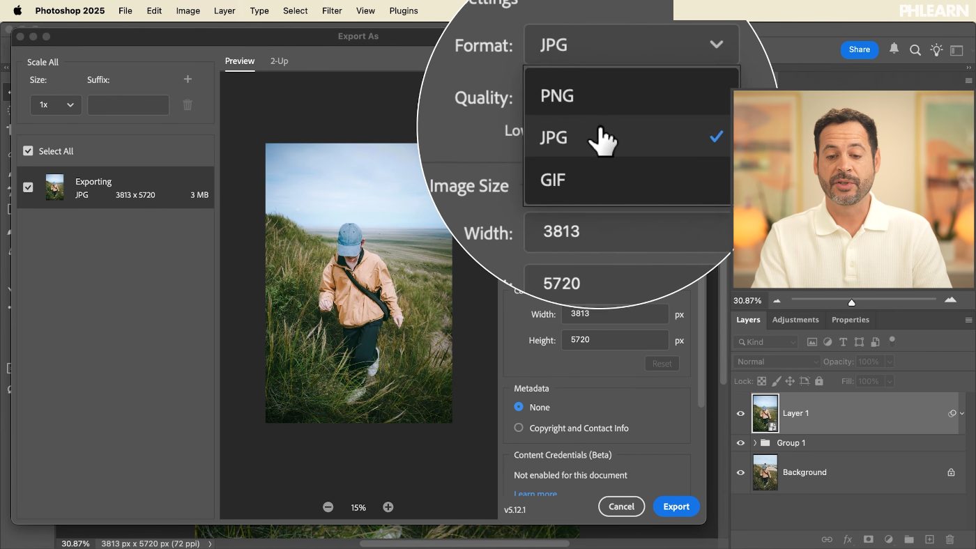 The Export As dialog in Photoshop with the JPG, PNG and GIF format options