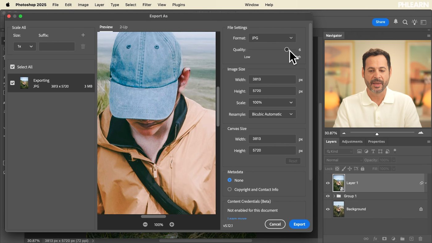 Setting export quality and pixel dimensions in the Photoshop Export As dialog