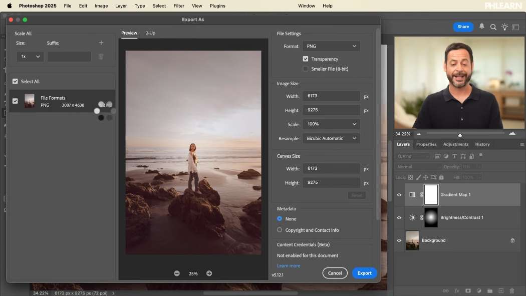 The Export As dialog in Photoshop with image size, quality and colour space settings