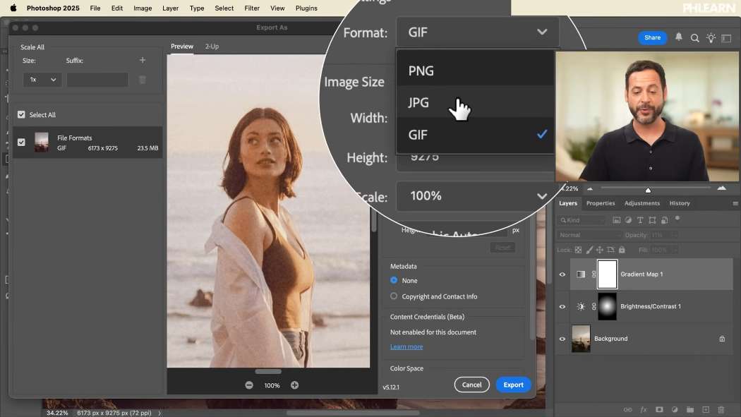 The format dropdown in the Photoshop Export As dialog showing PNG, JPG and GIF