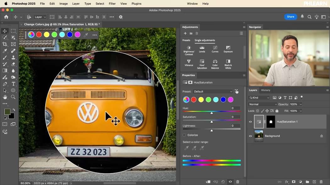 Using the eyedropper to target a colour range with a Hue/Saturation adjustment in Photoshop