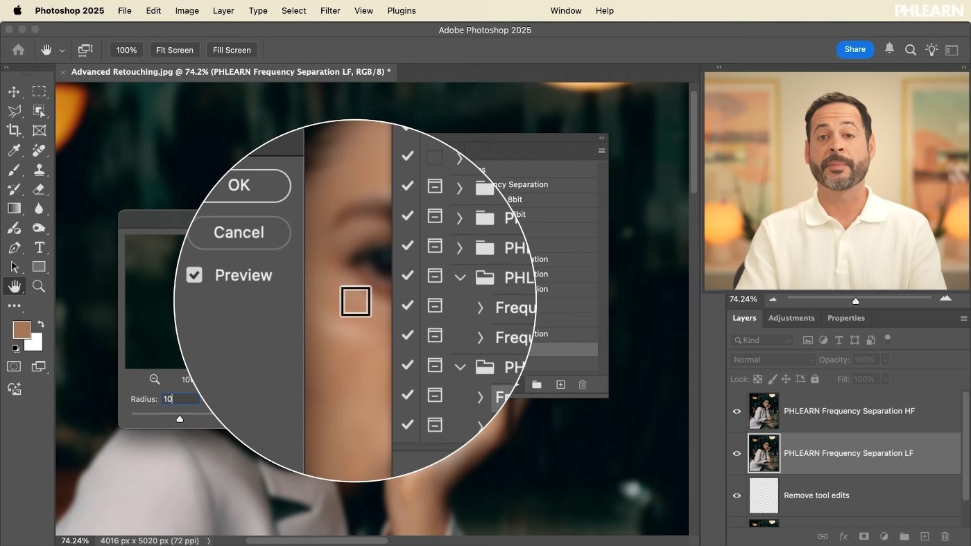 Setting the blur radius until skin pores disappear when running frequency separation in Photoshop