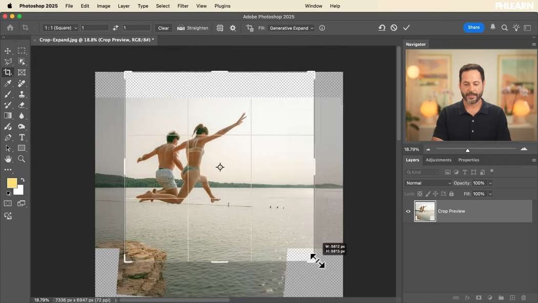 Cropping outside the photograph to use Generative Expand in Photoshop