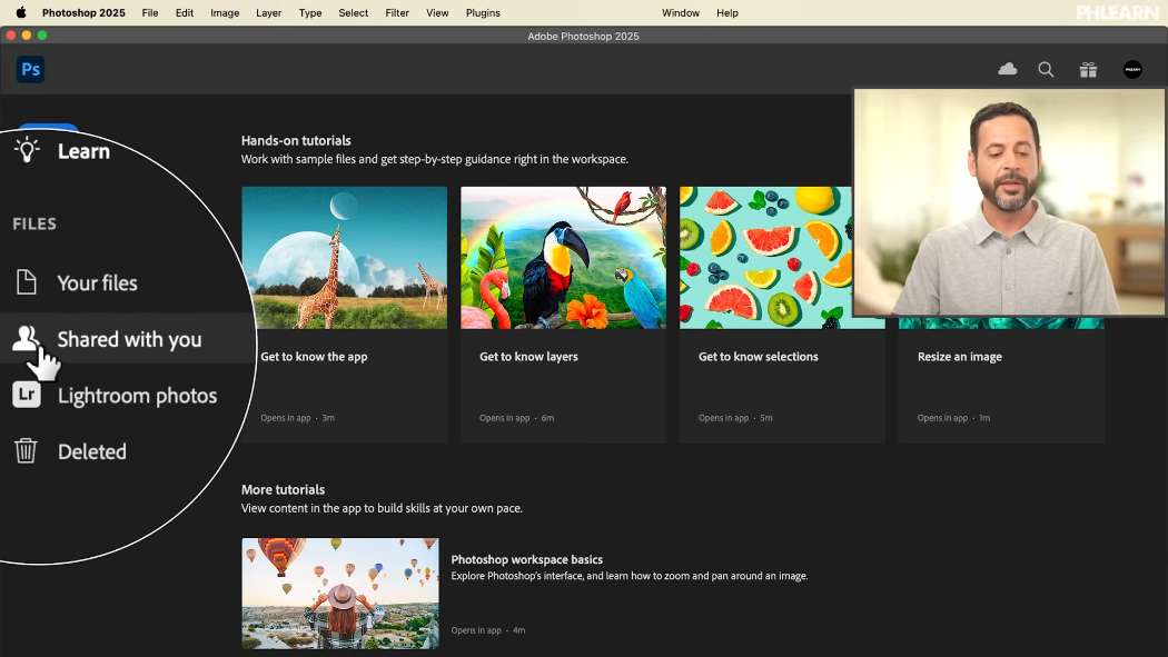 The Photoshop home screen showing recent files and the New file button