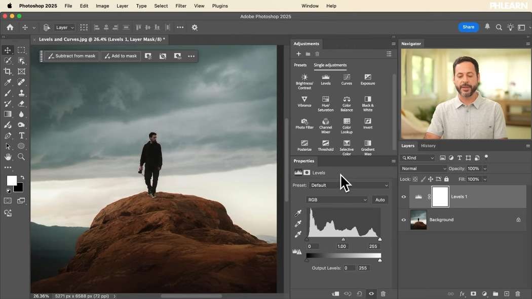 A Levels adjustment layer showing the input histogram and output bar in Photoshop