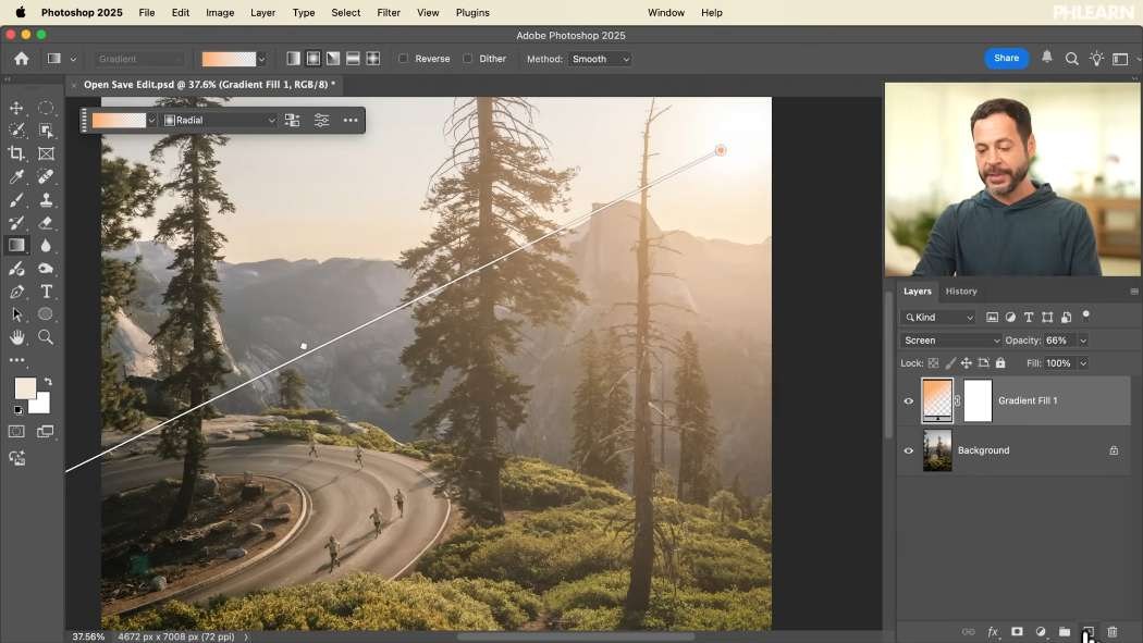 Light rays built from dots and a blur over a forest photograph in Photoshop