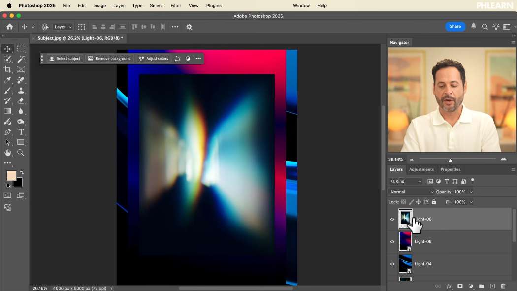 Light streak layers dropped into the composite and set to Screen in Photoshop
