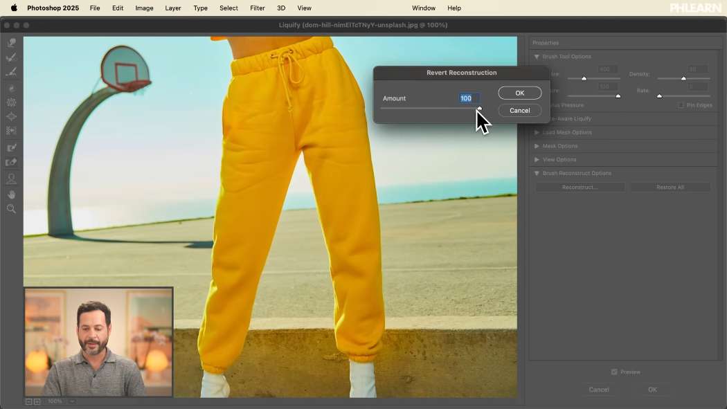 The Liquify panel options including Reconstruct and mask settings in Photoshop