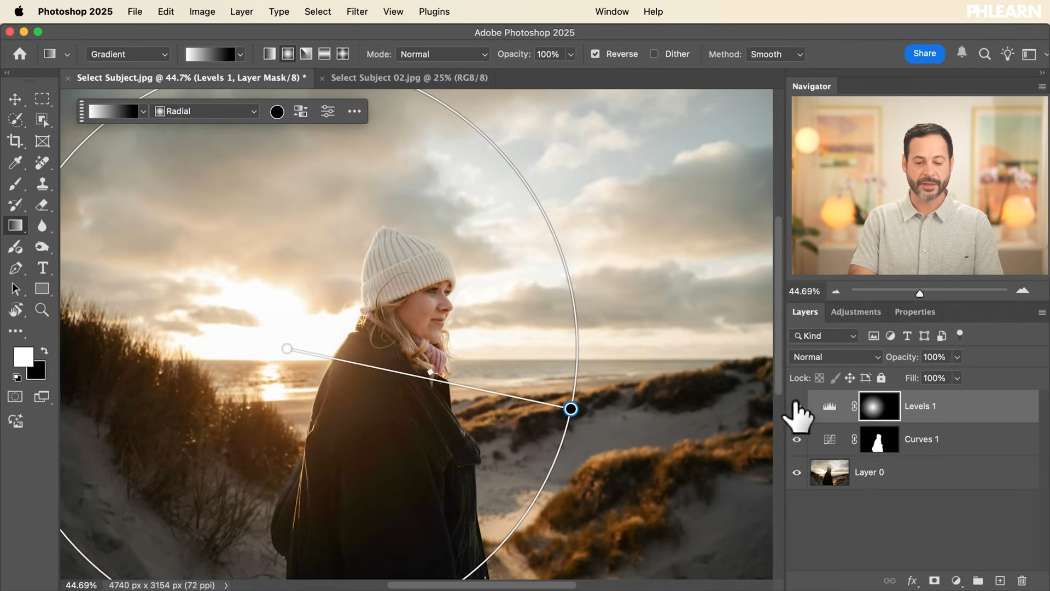 A masked Levels layer adding a sunset flare behind the subject in Photoshop