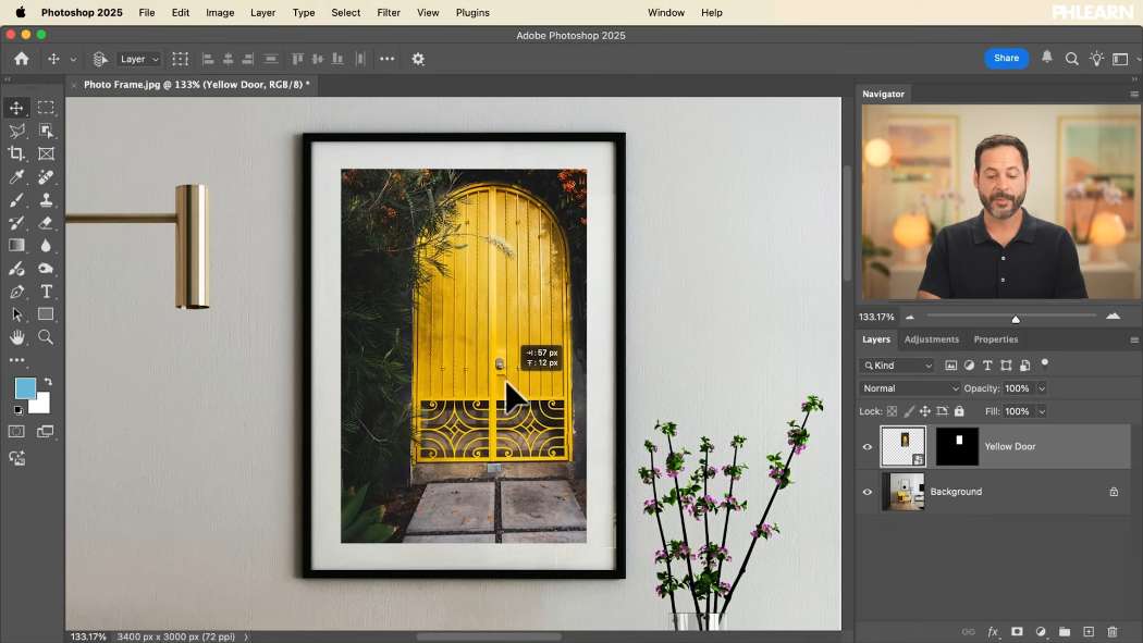 A photograph scaled and positioned inside a picture frame in Photoshop