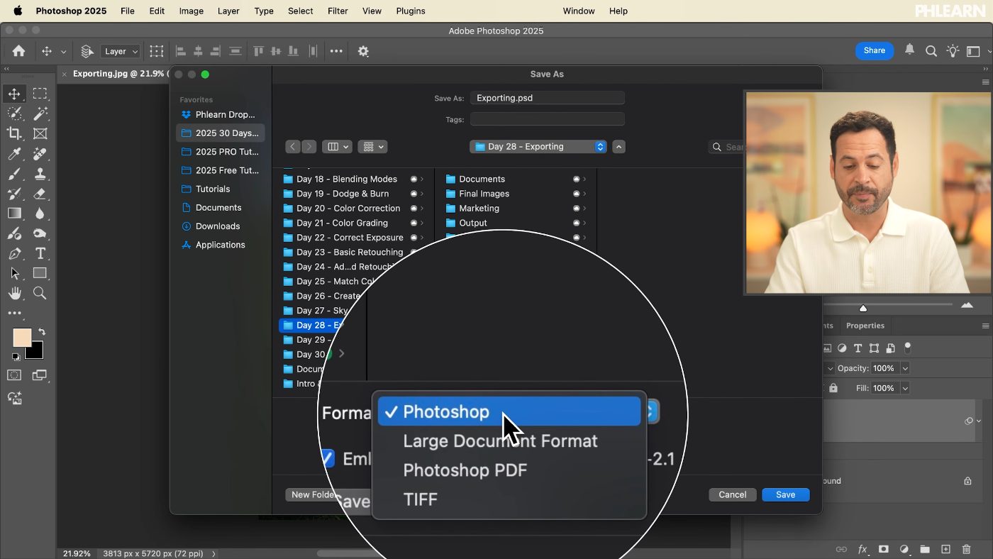 Choosing Photoshop from the Format dropdown in the Save As dialog to keep a layered master file