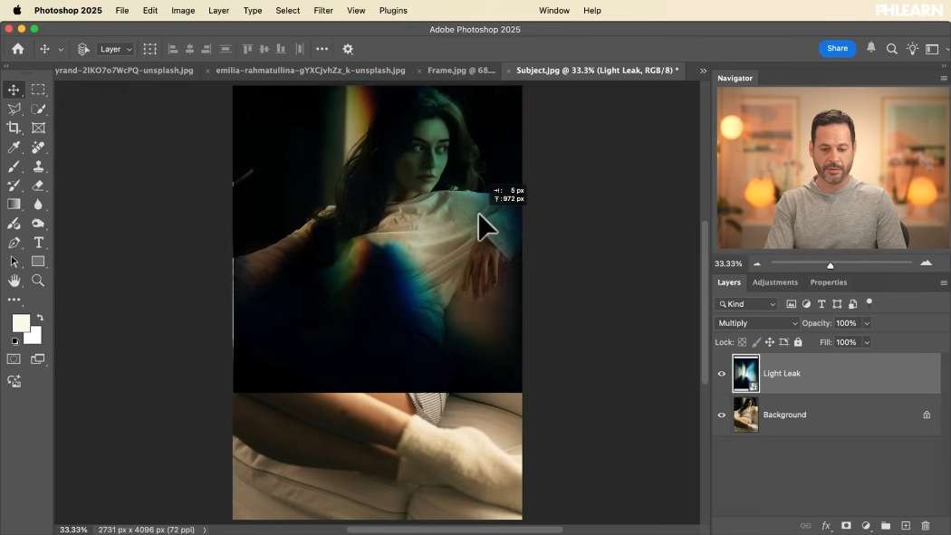 A light leak set to Screen over a portrait in Photoshop