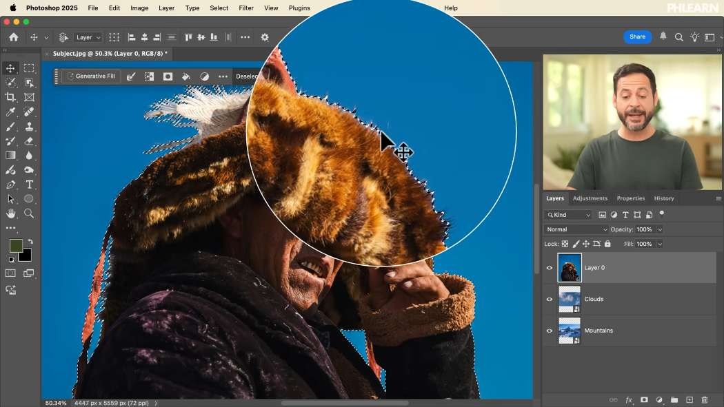 Selecting the subject before adding a layer mask in Photoshop
