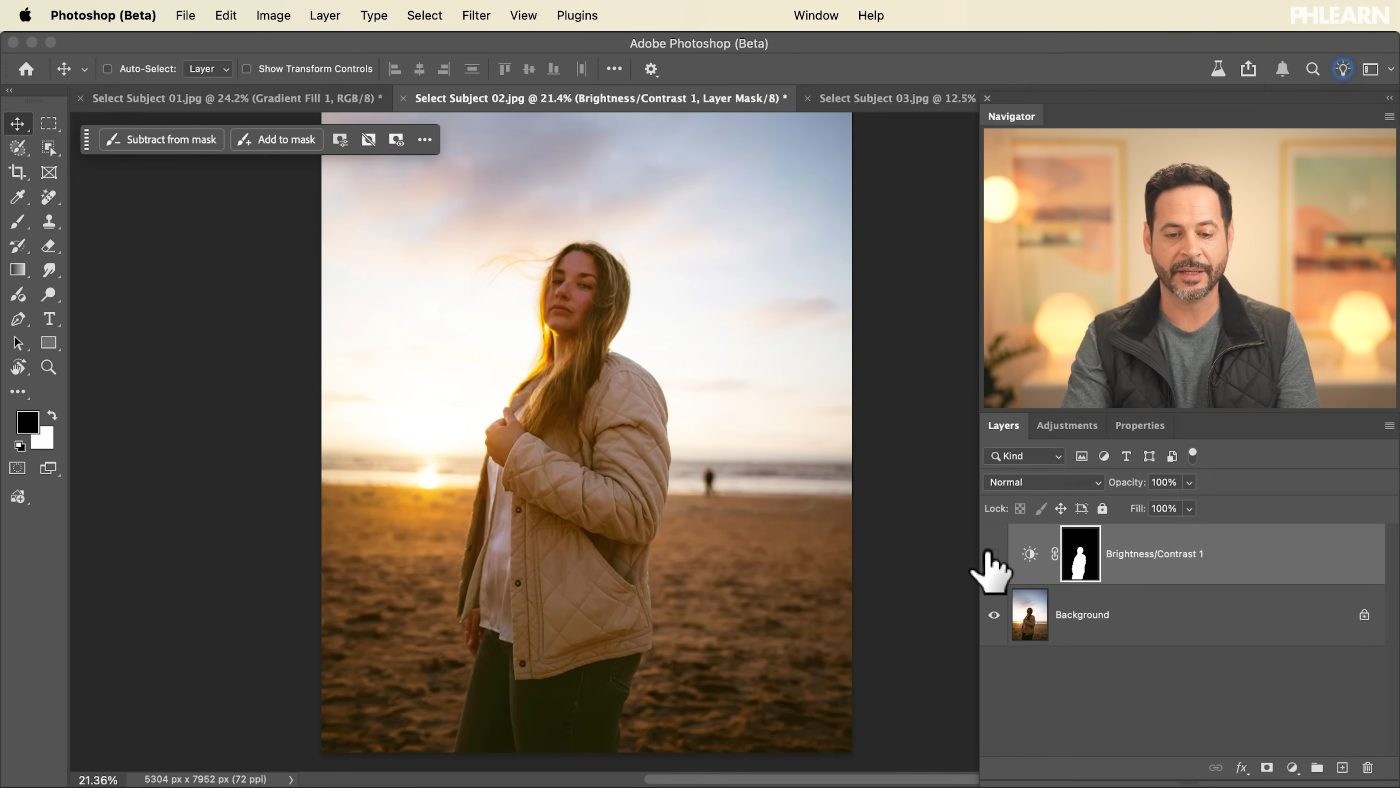 Loading a Select Subject selection into a Brightness Contrast adjustment layer in Photoshop