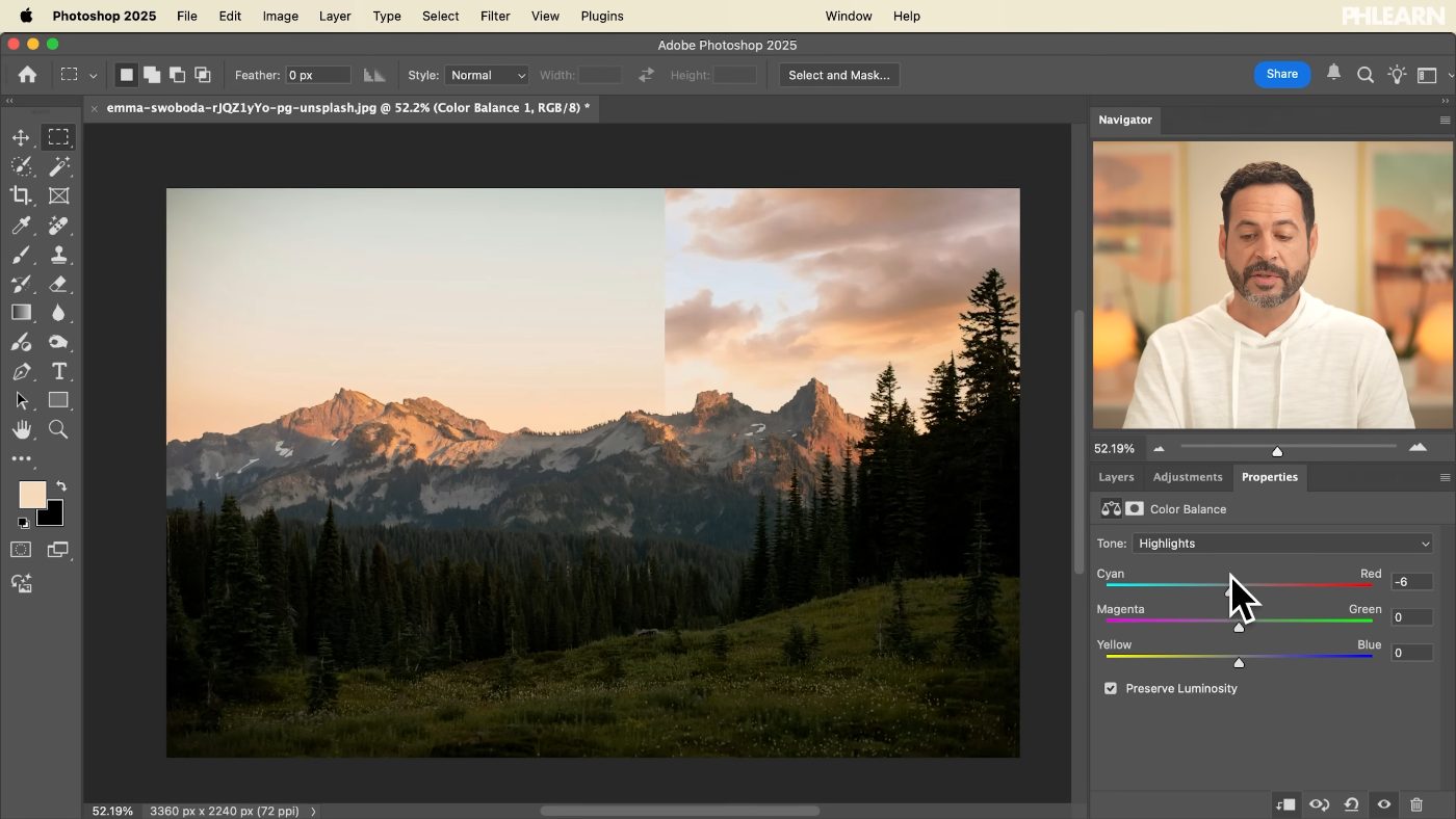 A Color Balance adjustment layer clipped to the new sky in Photoshop