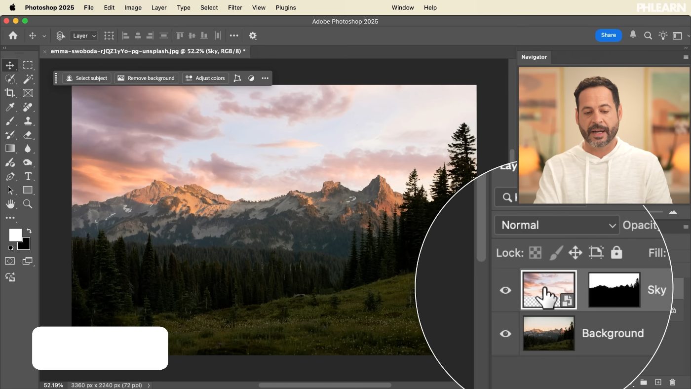Running Select Sky and turning the selection into a layer mask in Photoshop