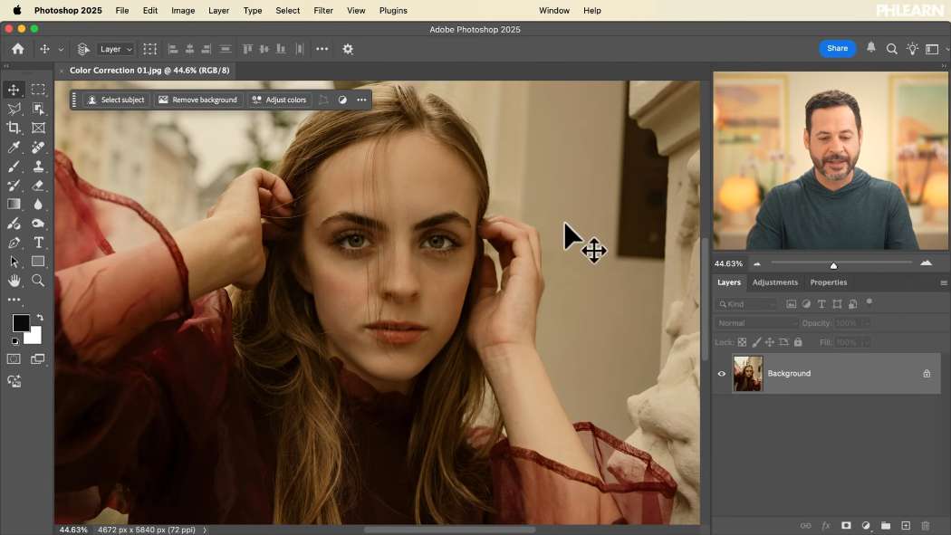 A portrait converted to a Smart Object before colour correction in Photoshop