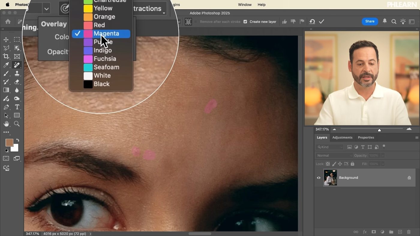 Marking every blemish with the Spot Healing Brush before committing them in one pass in Photoshop
