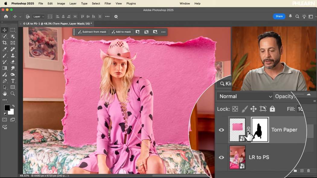 Unlinking a layer from its layer mask using the chain icon in Photoshop