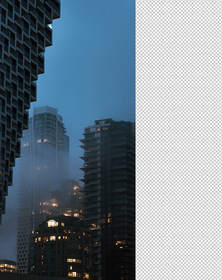 Night city skyline with a blank panel where an element will be added