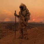 A hooded figure walking through a desert at sunset
