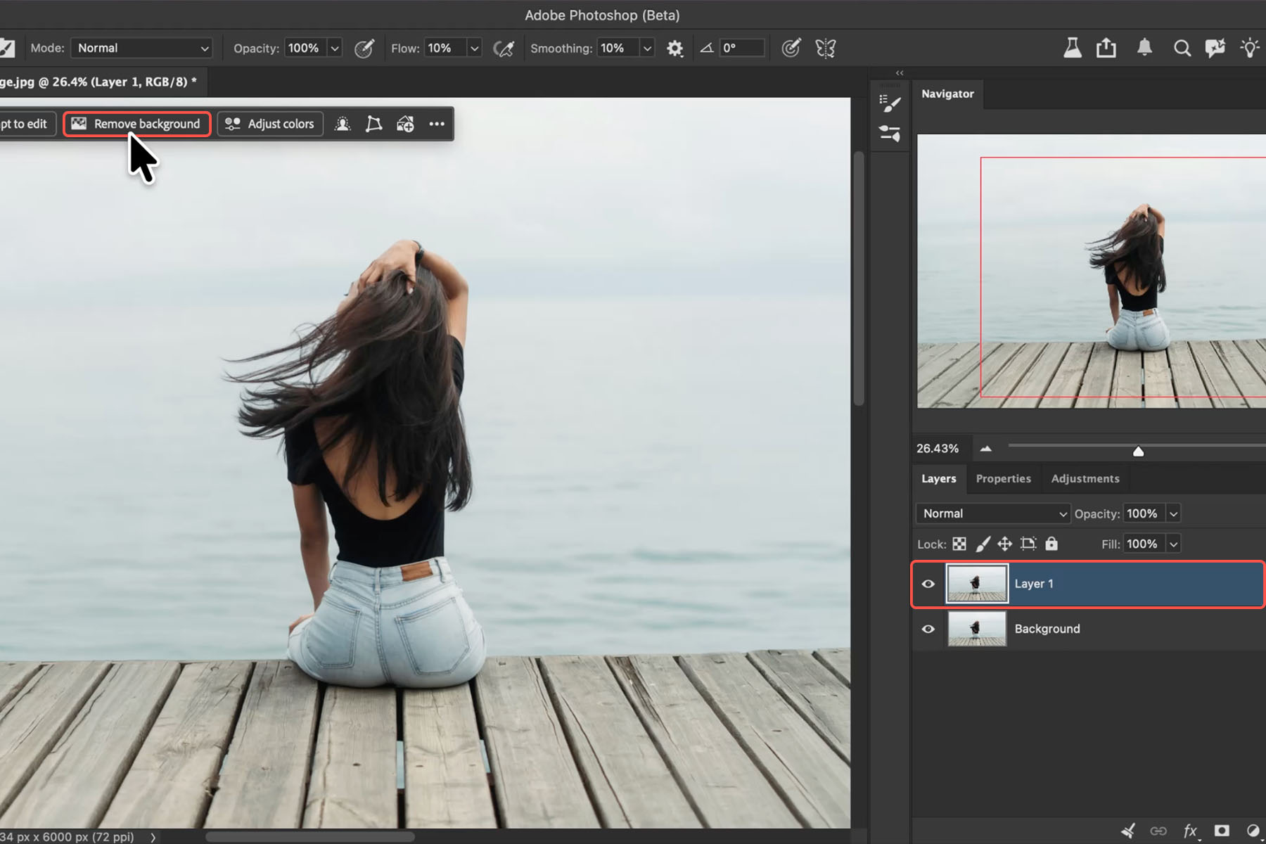 The Remove Background button in Photoshop Beta's Contextual Task Bar, about to be clicked on a duplicated layer to cut out the subject
