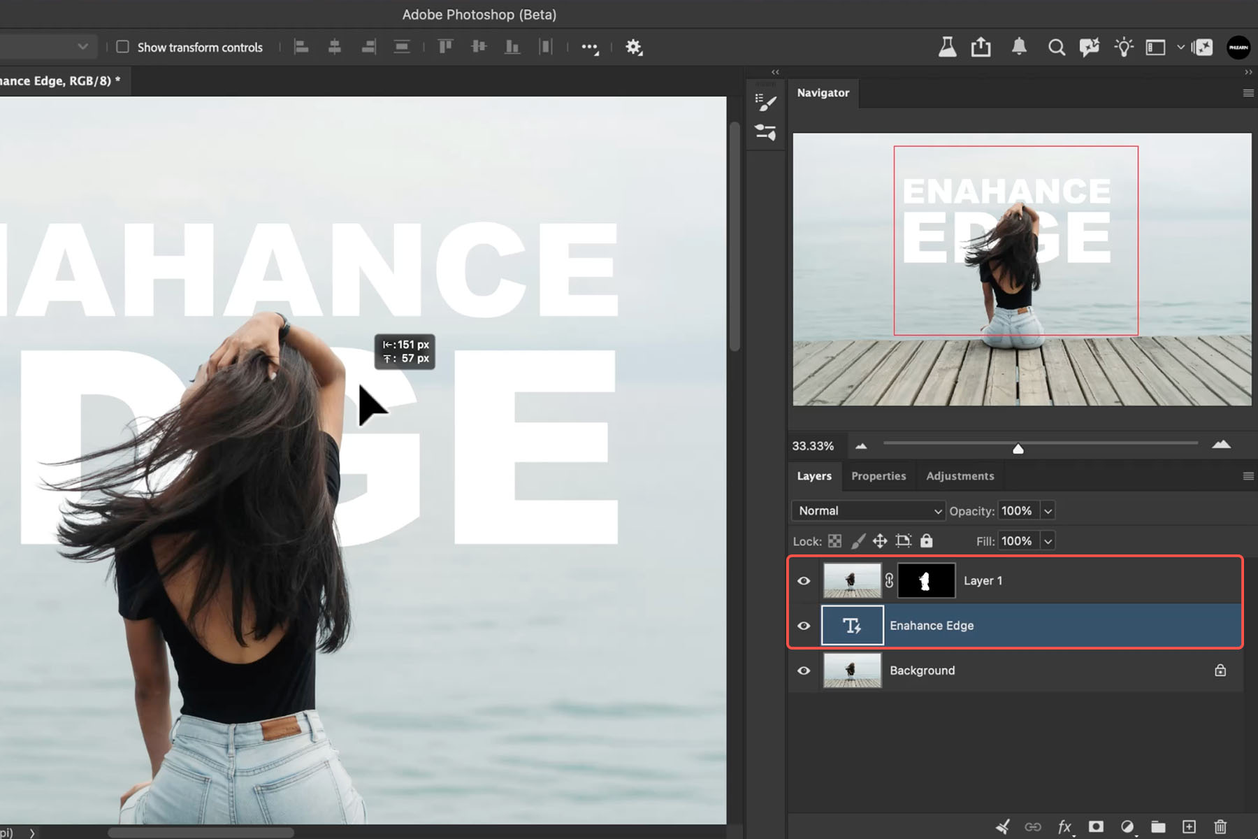 A white Enhance Edge text layer placed behind the subject in Photoshop, before any fringing is visible