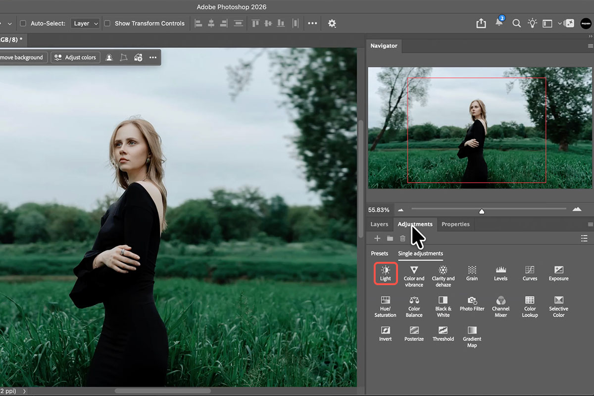 The Photoshop Adjustments panel with the Light option selected, shown among Color and vibrance, Clarity and dehaze, and Grain — the same panel where Brightness/Contrast used to appear