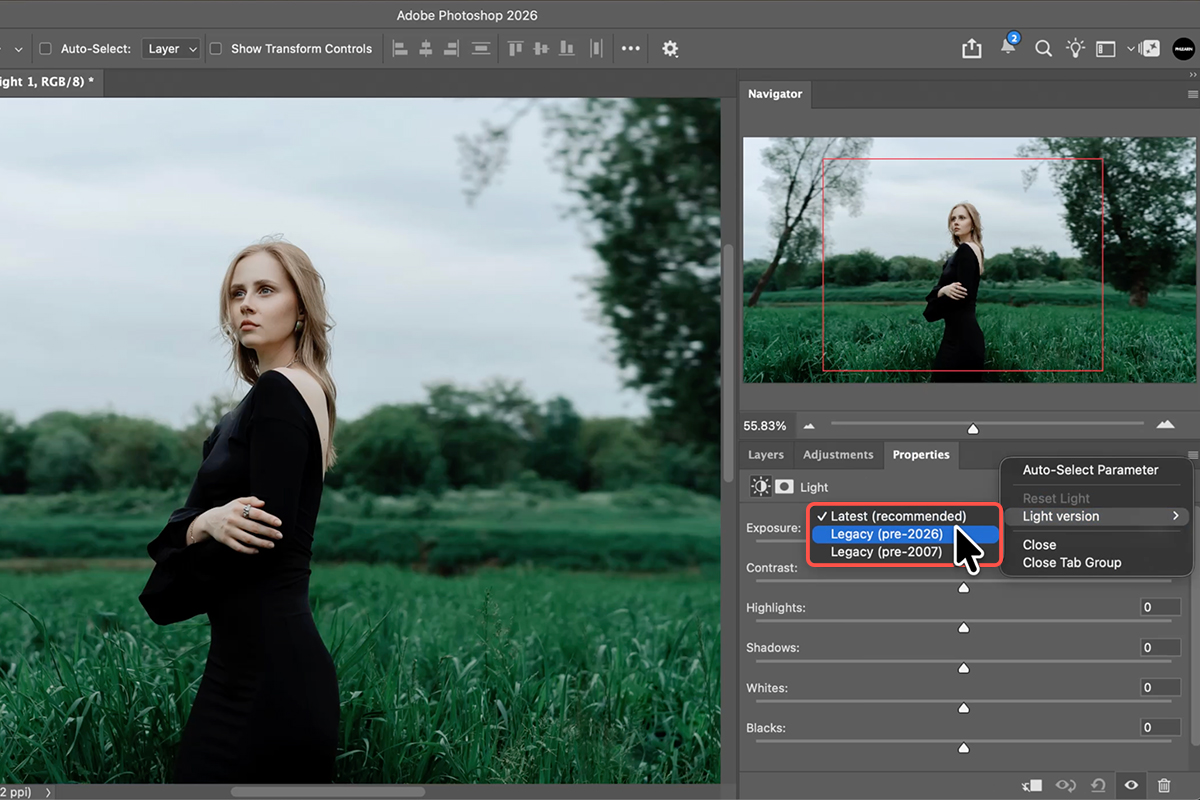 The Light adjustment layer's Properties panel menu open to Light version, with the Legacy option selected to bring back the old Brightness and Contrast sliders