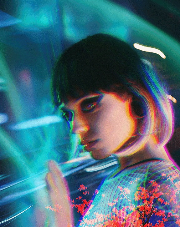 The same portrait with coloured light streaks added around her