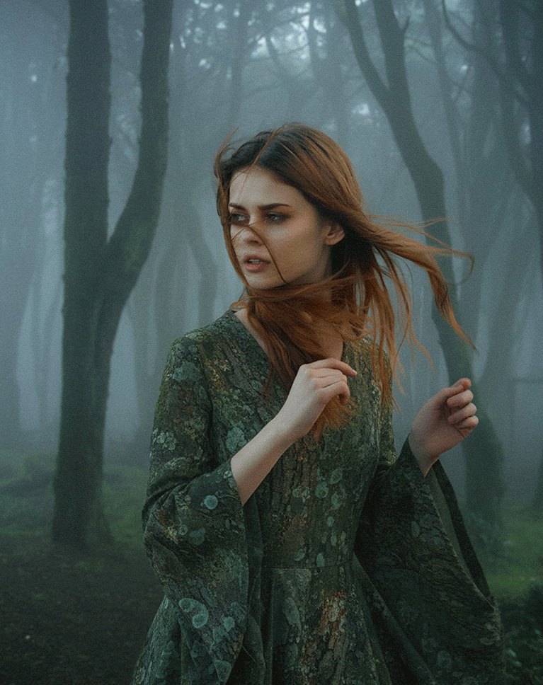 Woman composited into the misty forest with Harmonize, her clothing changed to match by Nano Banana and finished in Camera Raw