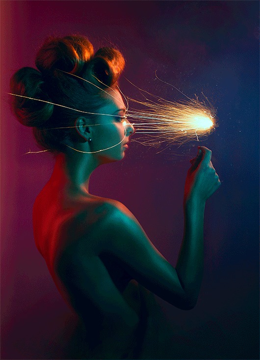 The same portrait with fire and sparks bursting from her mouth