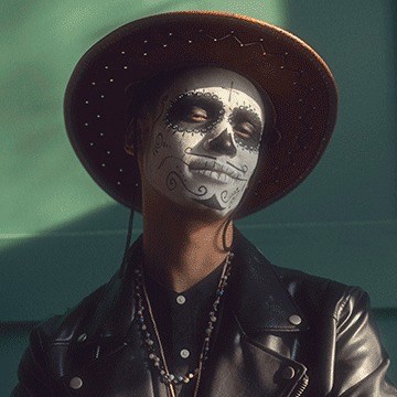 Portrait of a man in skull face paint and a wide-brimmed hat with a matte photo finish