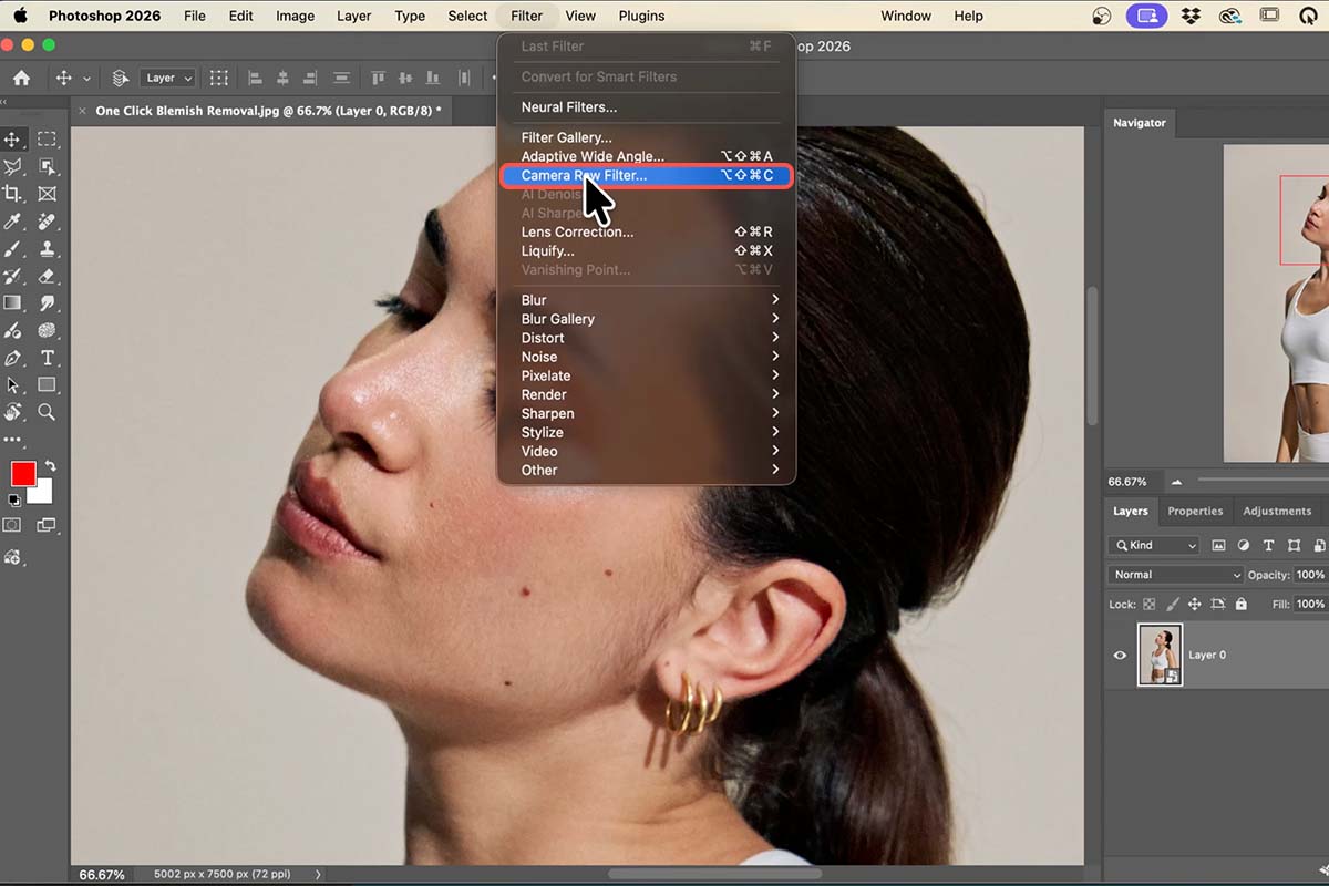 The Photoshop Filter menu open with Camera Raw Filter highlighted, about to be applied to a portrait of a woman with her hair pulled back and gold hoop earrings