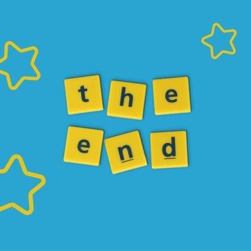 The words the end spelled out in yellow tiles on a blue background with stars