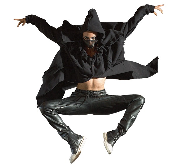 A second frame of the same jump in dark clothing, cut out on white