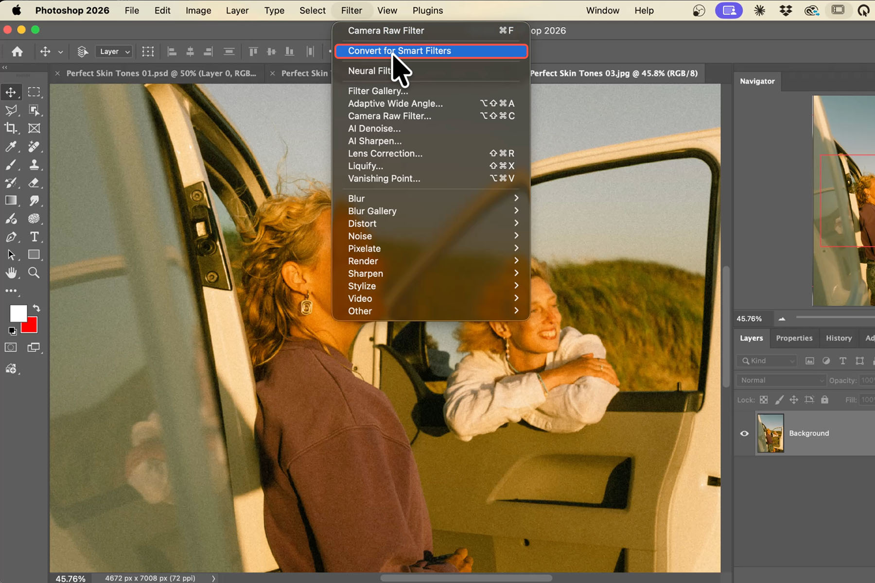 The Photoshop Filter menu open with Convert for Smart Filters highlighted, about to be applied to a portrait of two women leaning out of a van at sunset