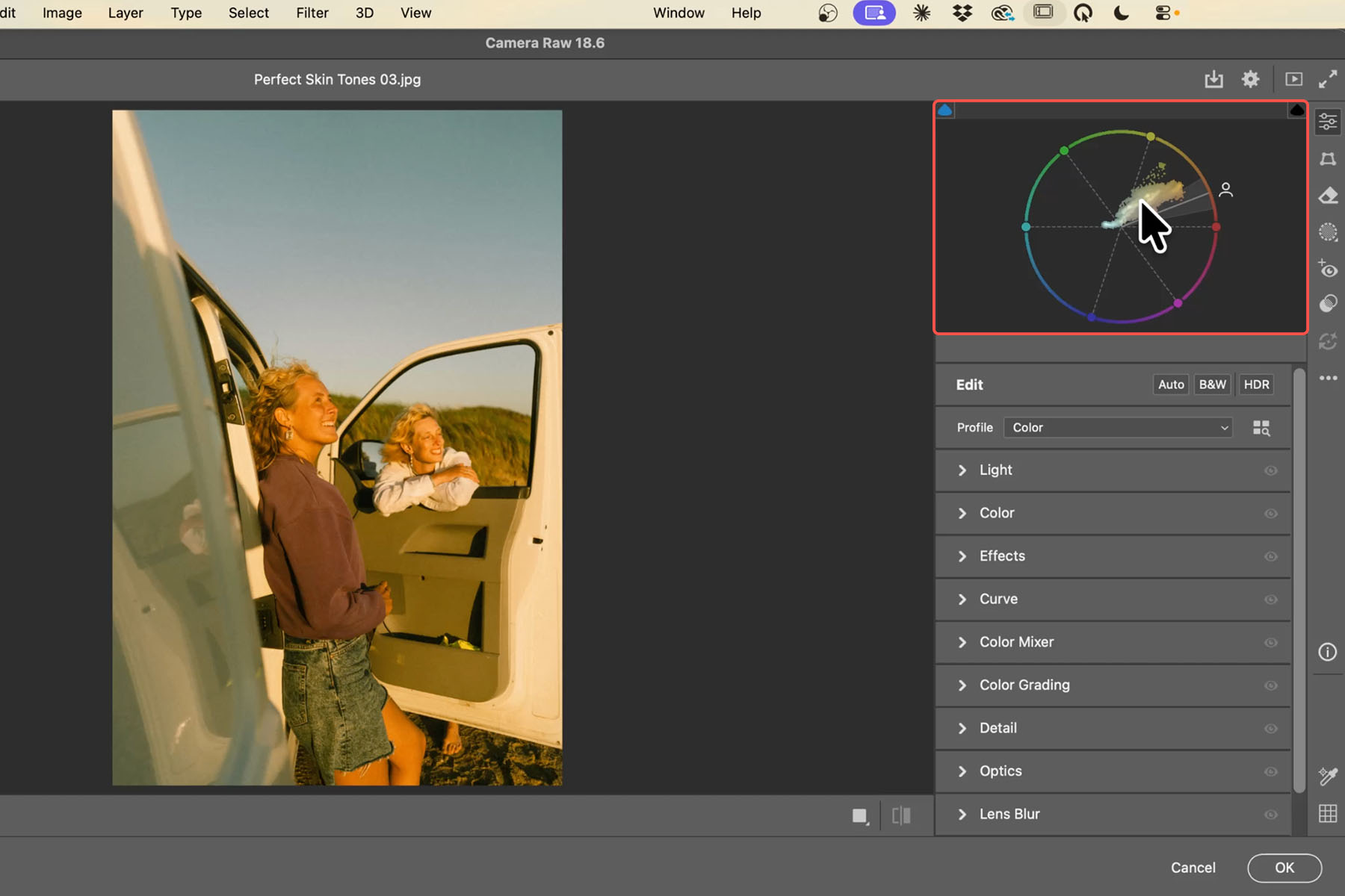 Camera Raw's Vectorscope tool showing the full-frame color cluster and skin tone indicator line, before any skin mask has been applied